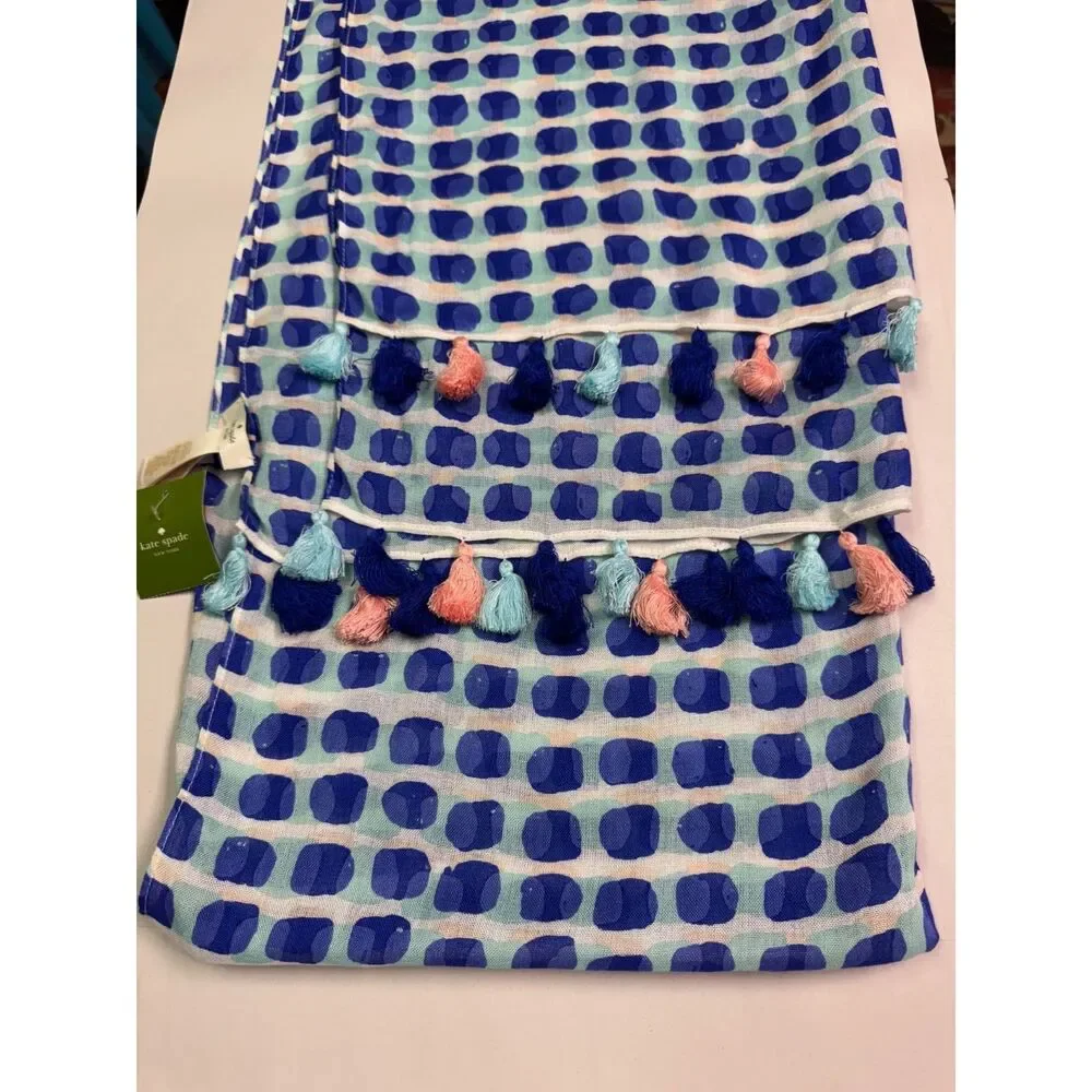 NWT - KATE SPADE Island Stamp Scarf, Blue/White/Pink/Turquoise, Tassels